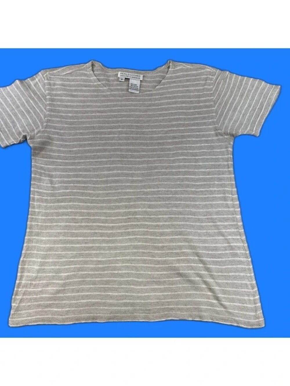 REAL CLOTHES Striped Tee S Beige LINEN COTTON Crewneck Short Sleeve Unisex